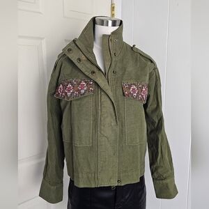 Sundance Love and Soup Olive Green Military Utility Jacket Embroidered Womens S